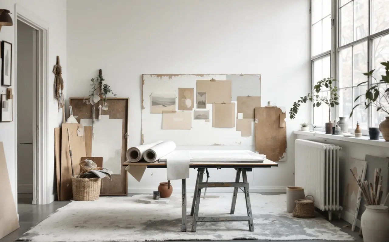 A studio corner with rolled paper on a trestle table and pinned drawings on a white wall in soft daylight.