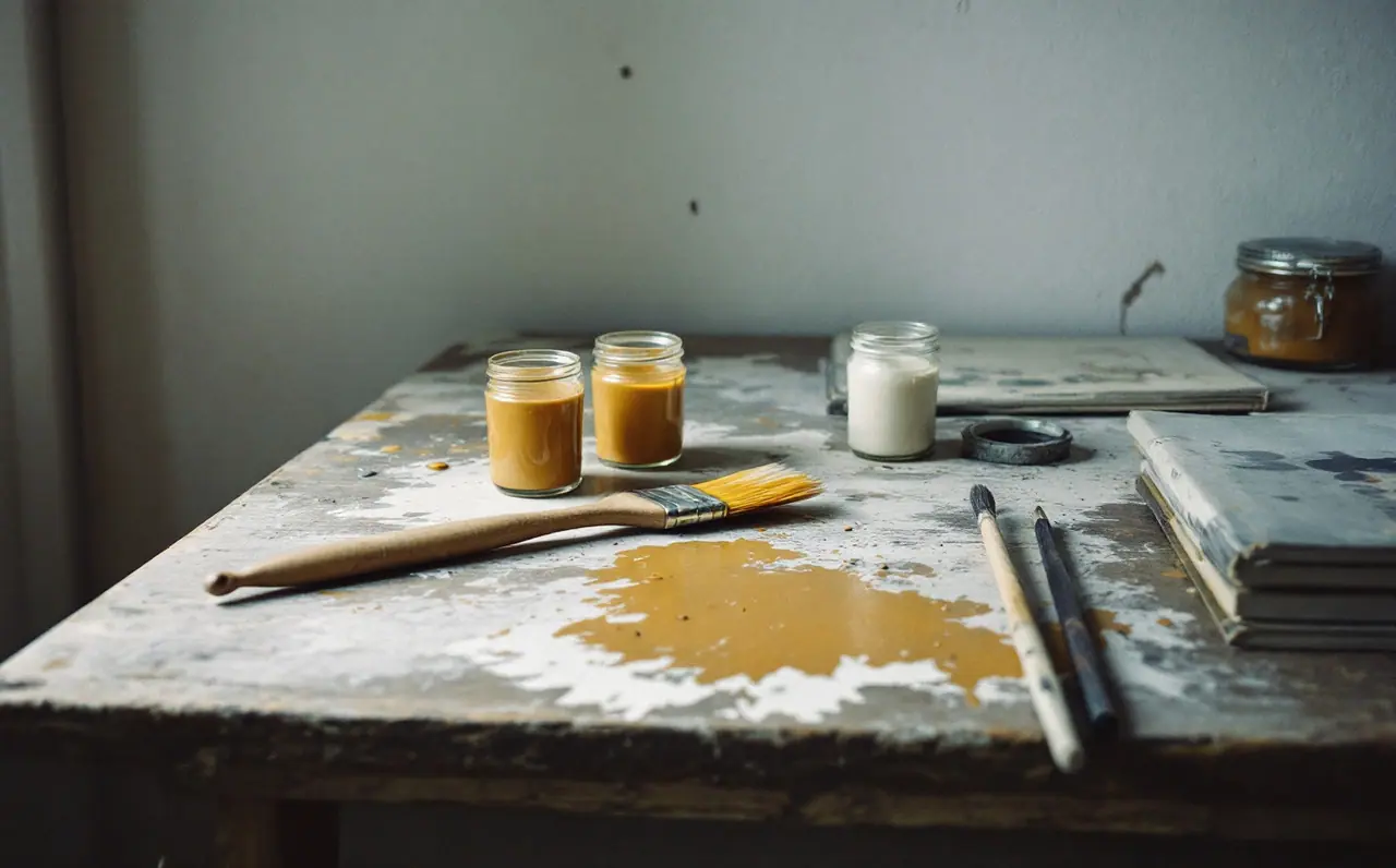 Oil paint tubes, a wide brush and charcoal on a paint-spattered studio bench in side light