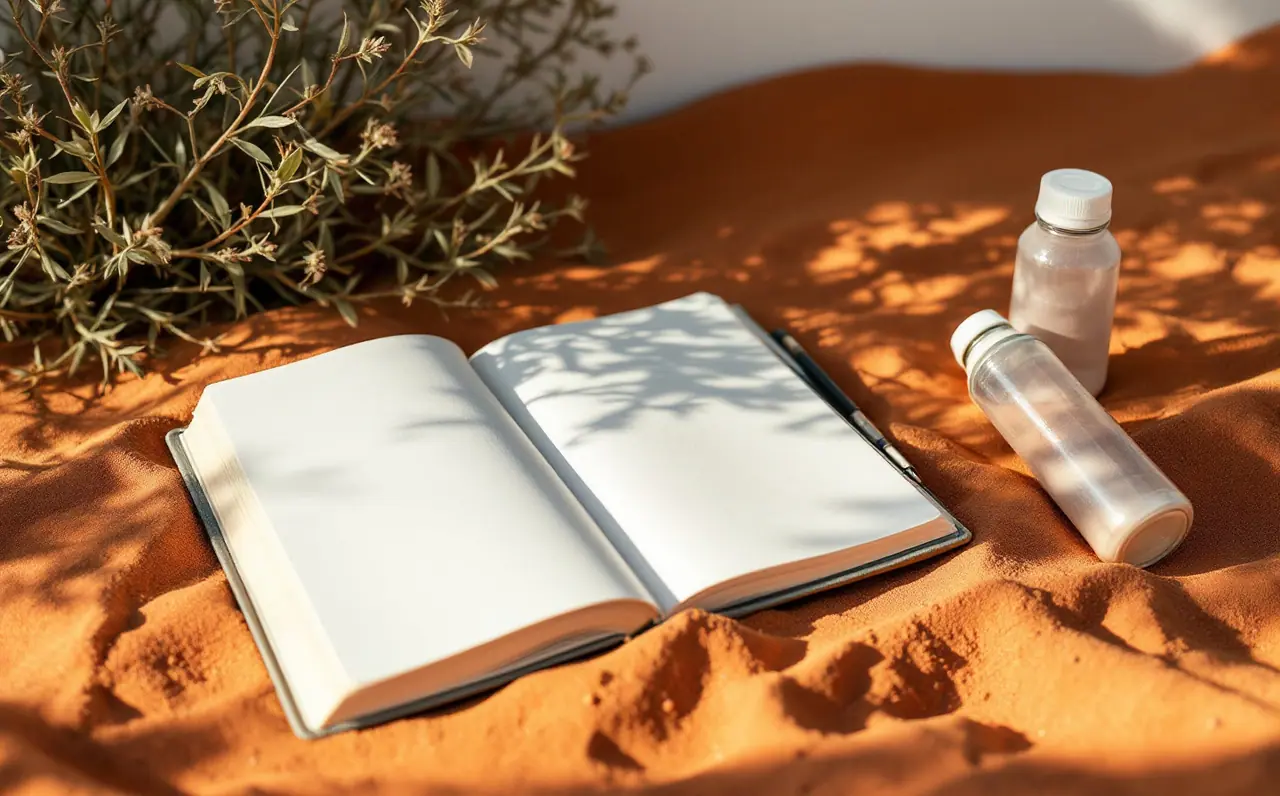 Open blank sketchbook and watercolour tin on red sand beside spinifex in morning light