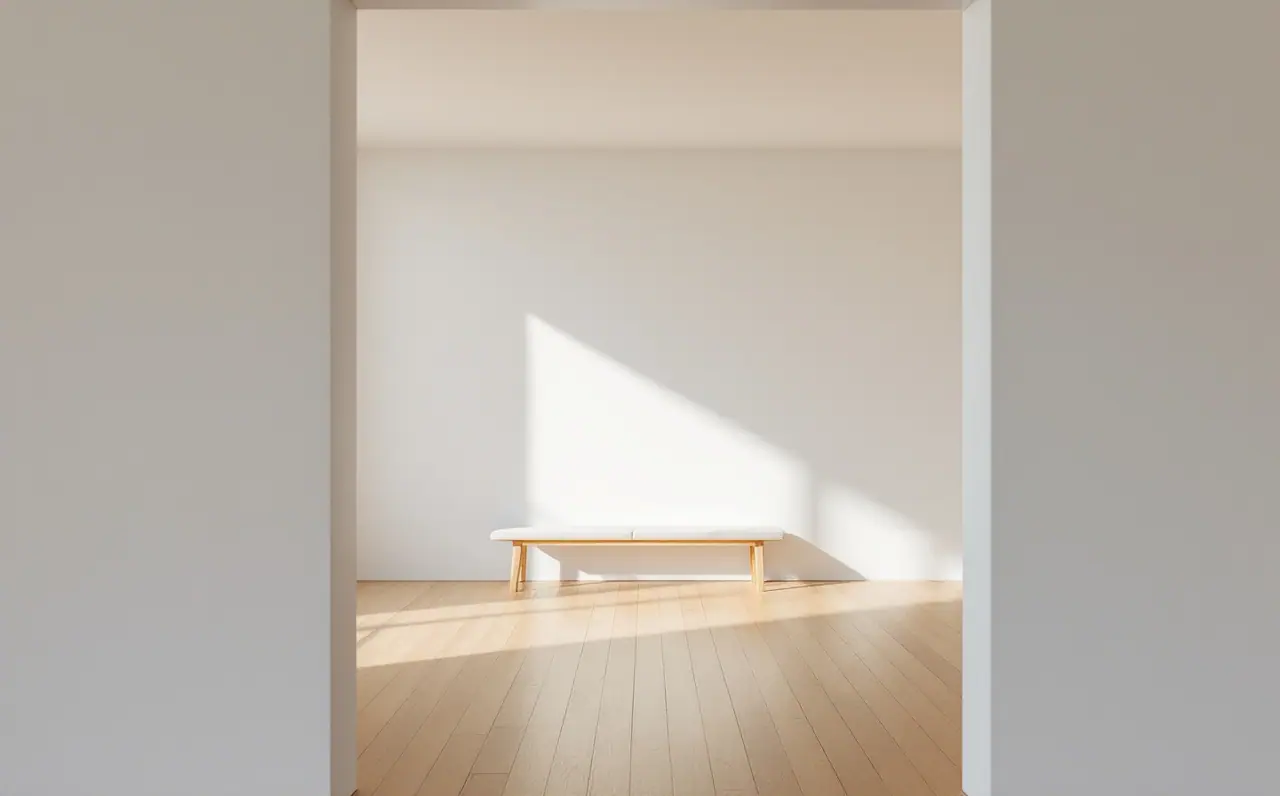 An empty white gallery room with a timber floor, one low bench and soft daylight on the wall.