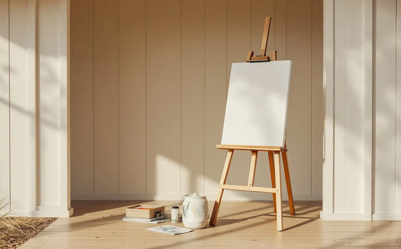 Field easel with a blank canvas beside a dirt road in dry scrub at late afternoon