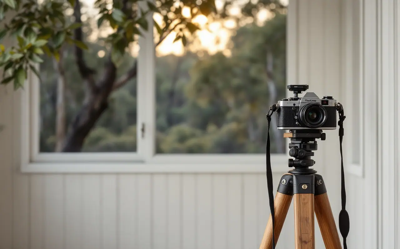 Camera on a wooden tripod in eucalypt bushland at dusk