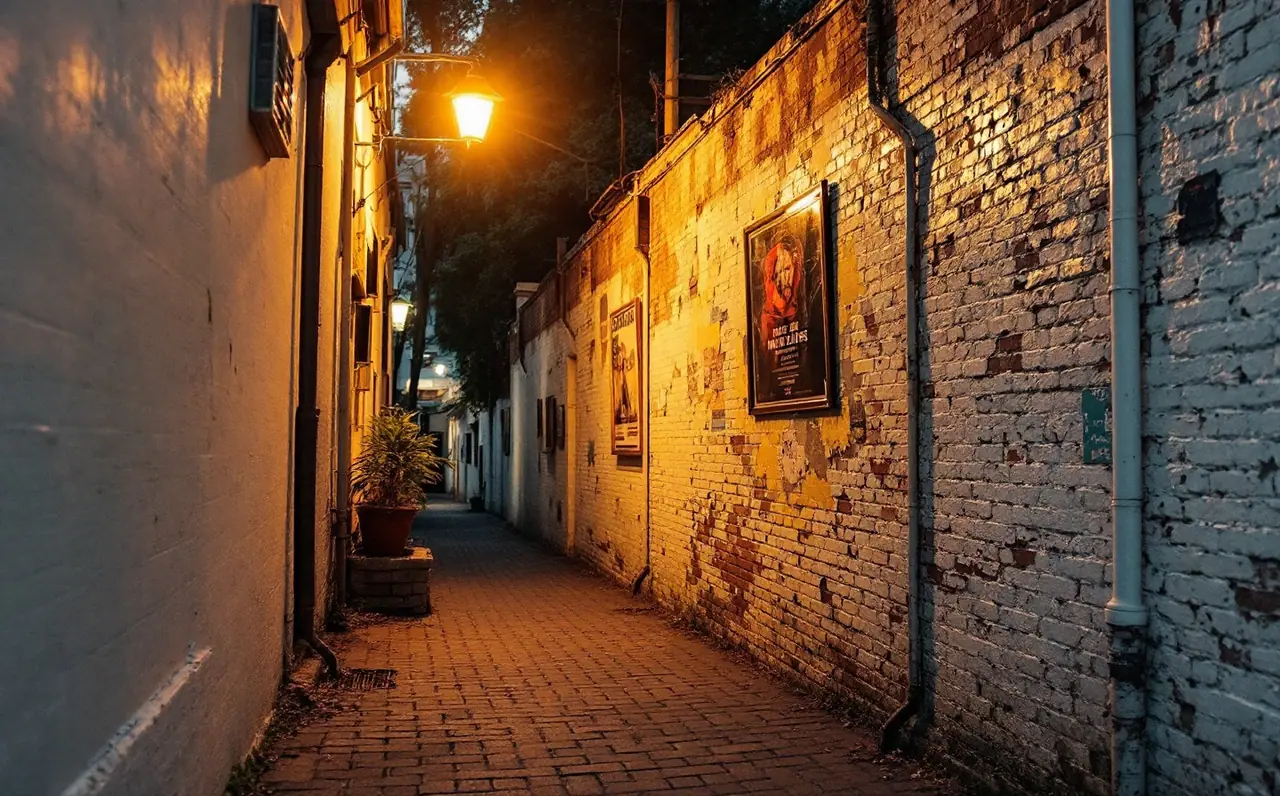 A city laneway at dusk with a brick wall of peeling old paint and faded posters under a streetlight.