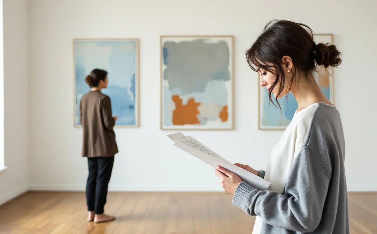 A woman reads a folded room sheet in a small white gallery beside three abstract paintings in blue and rust.