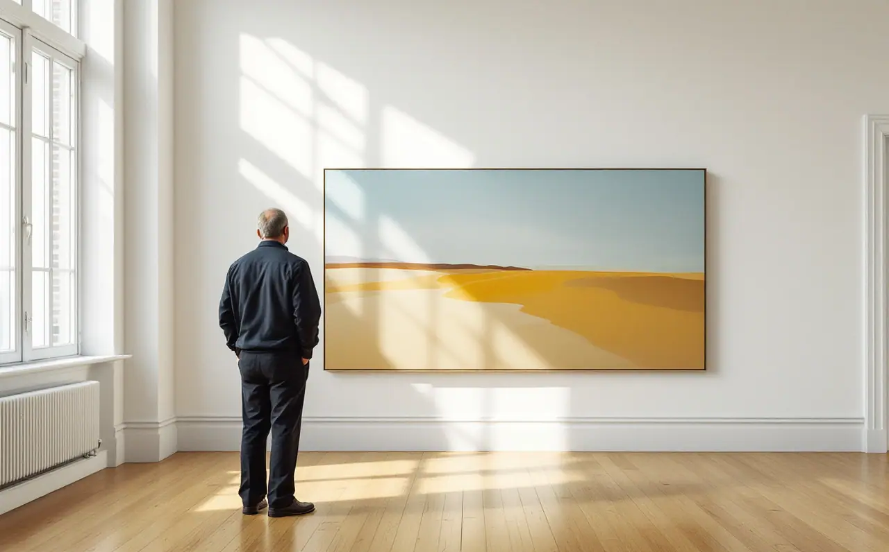 A man seen from behind stands close to a wide loose landscape painting in ochre and pale blue in a skylit gallery.